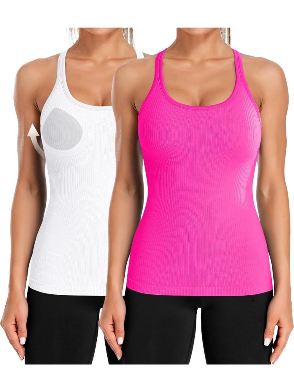 Ribbed Workout Tank Top 2-Pack with Built-In Bra for Women - Activewear